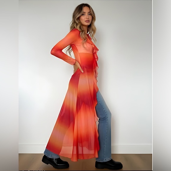 Mesh Tye Dye Printed Long Ruffled Top - Picture 2 of 7